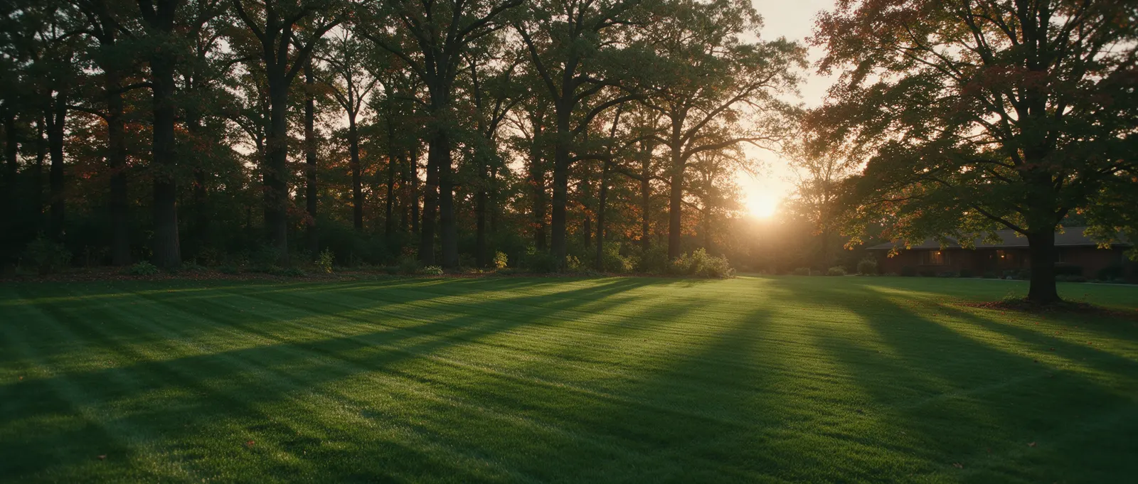 A wide mown lawn at sunset with long tree shadows across the mowing stripes, tall oaks and maples, and a brick ranch home small at the right edge