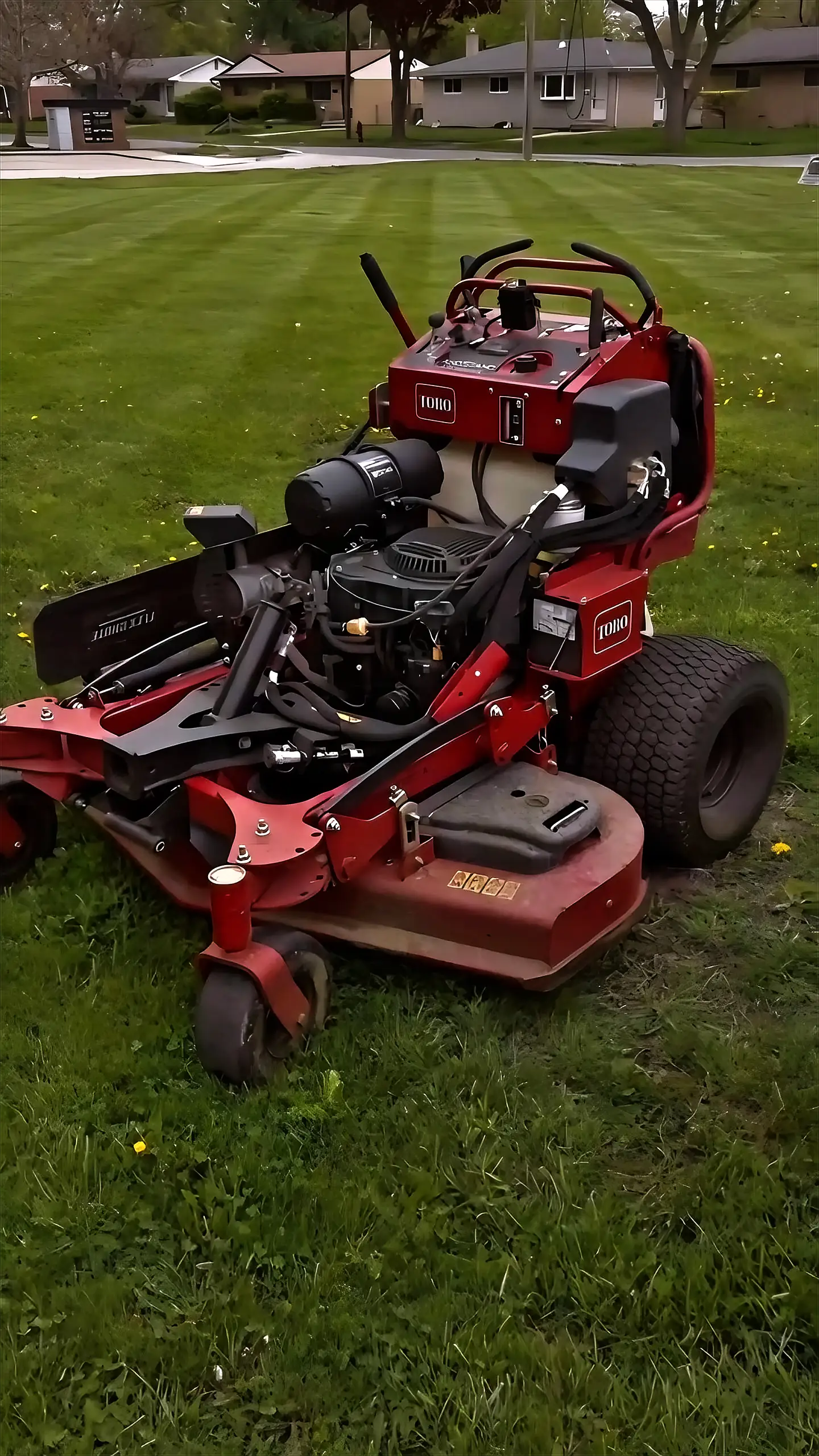 Red Toro stand-on mower sitting on a mown lawn with faint stripes, with houses and a street in the background