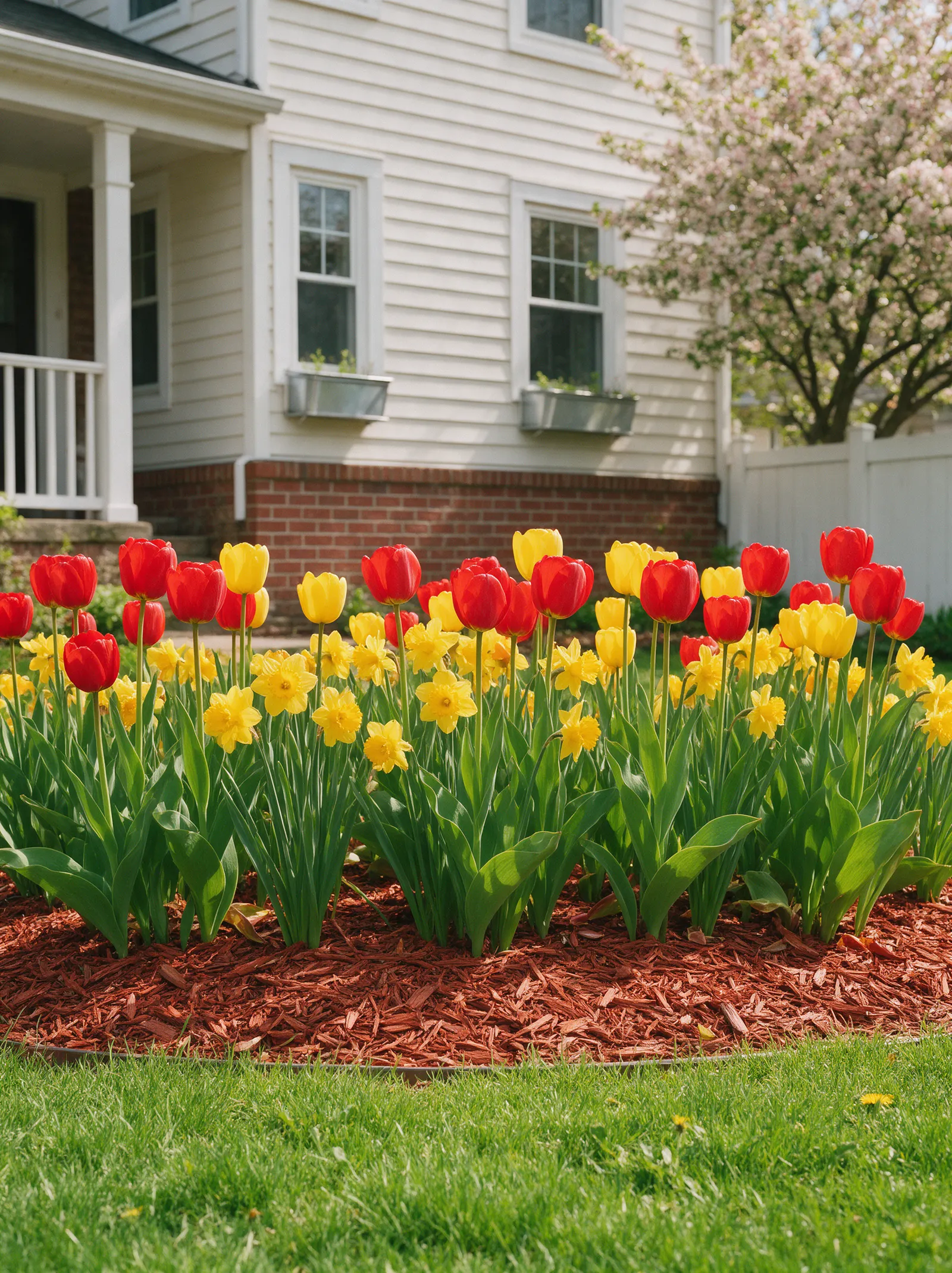 Red and yellow tulips and daffodils blooming in a red-brown mulch bed in front of a white-sided house with a flowering crabapple beside it