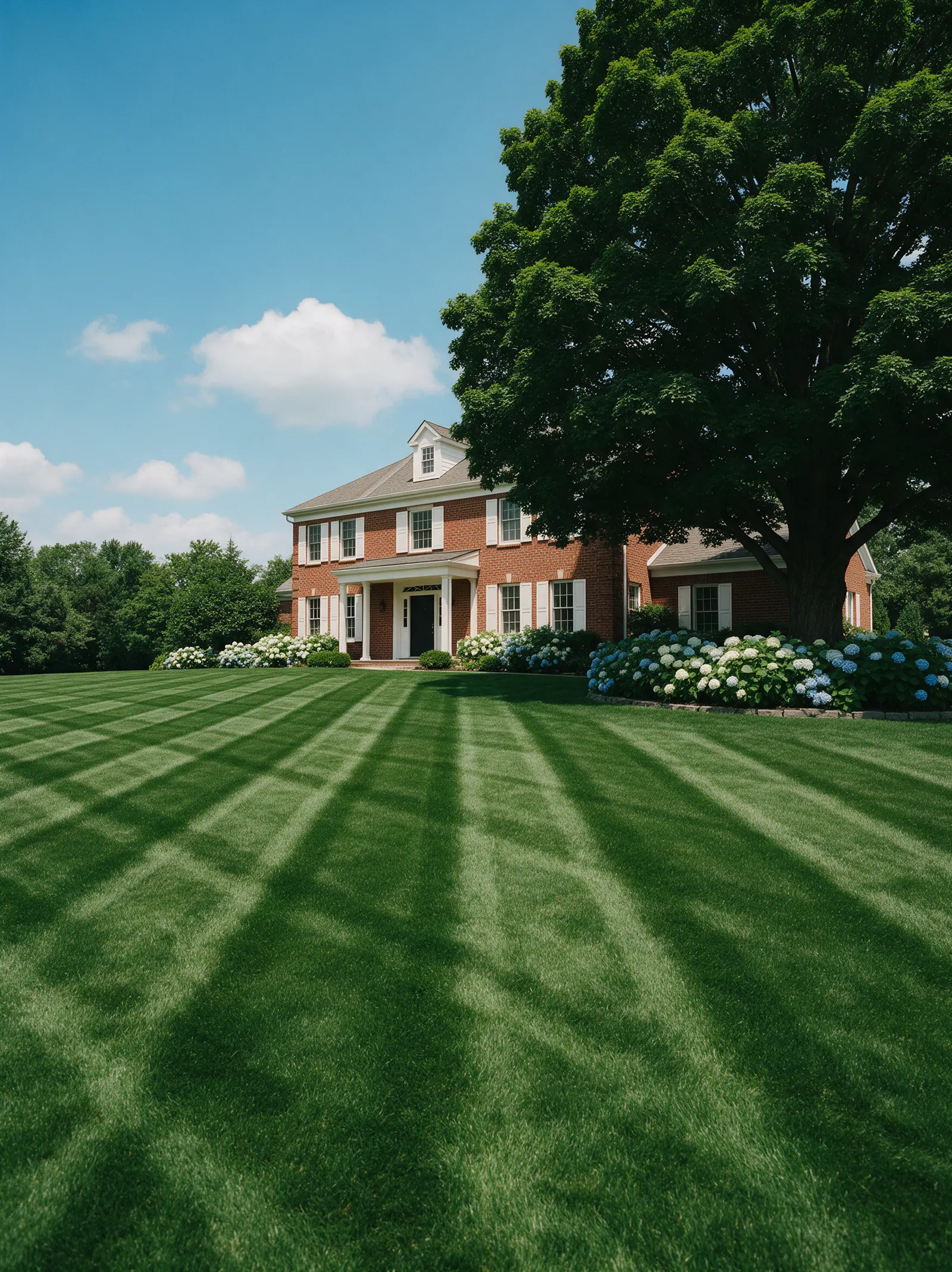 A deep green lawn with bold diagonal mowing stripes leading to a brick colonial home, a large shade tree and blooming hydrangeas under a blue summer sky