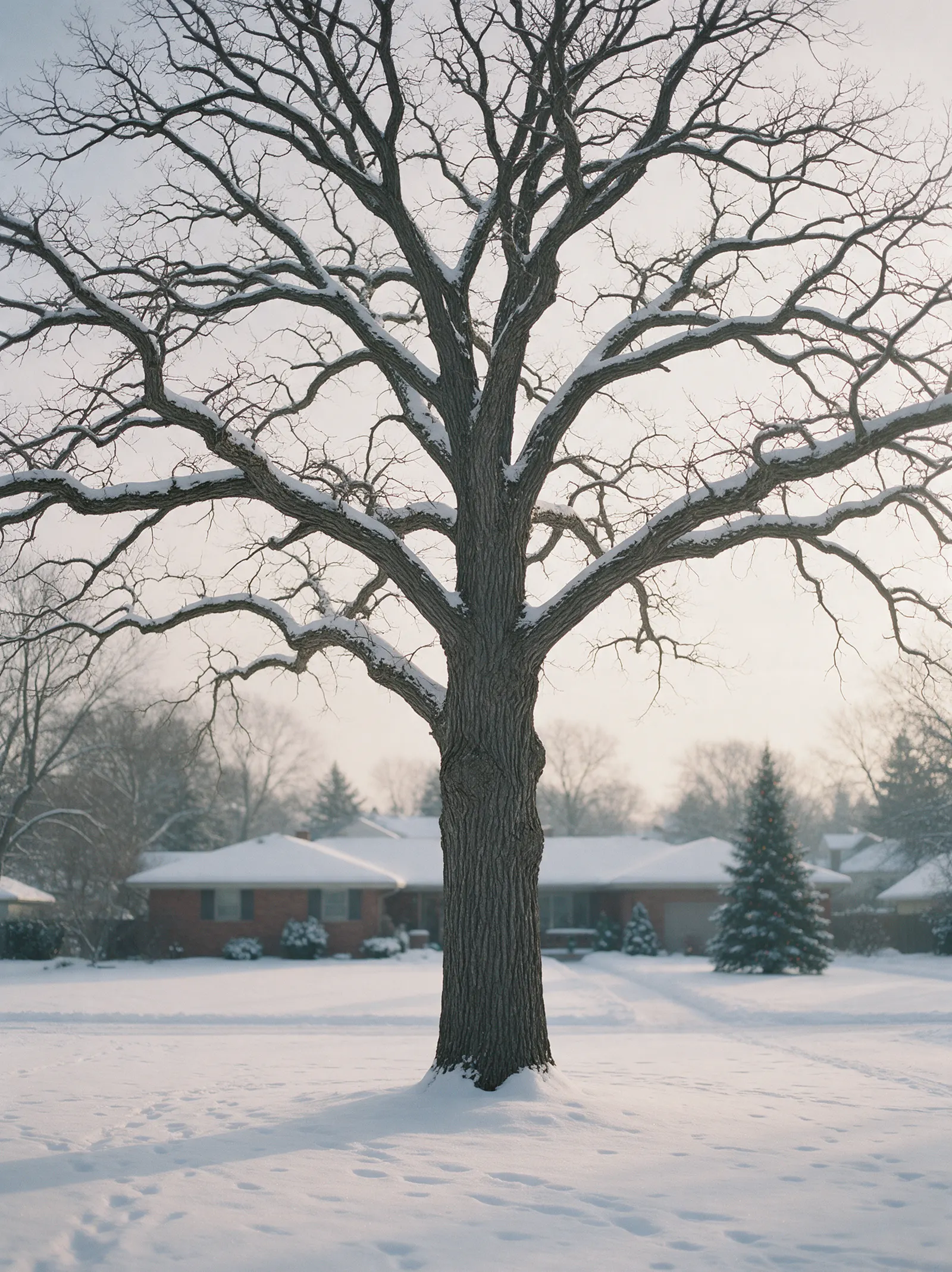 A bare, leafless oak standing on a snow-covered lawn in front of a brick ranch home and a small evergreen, under a pale hazy winter sky
