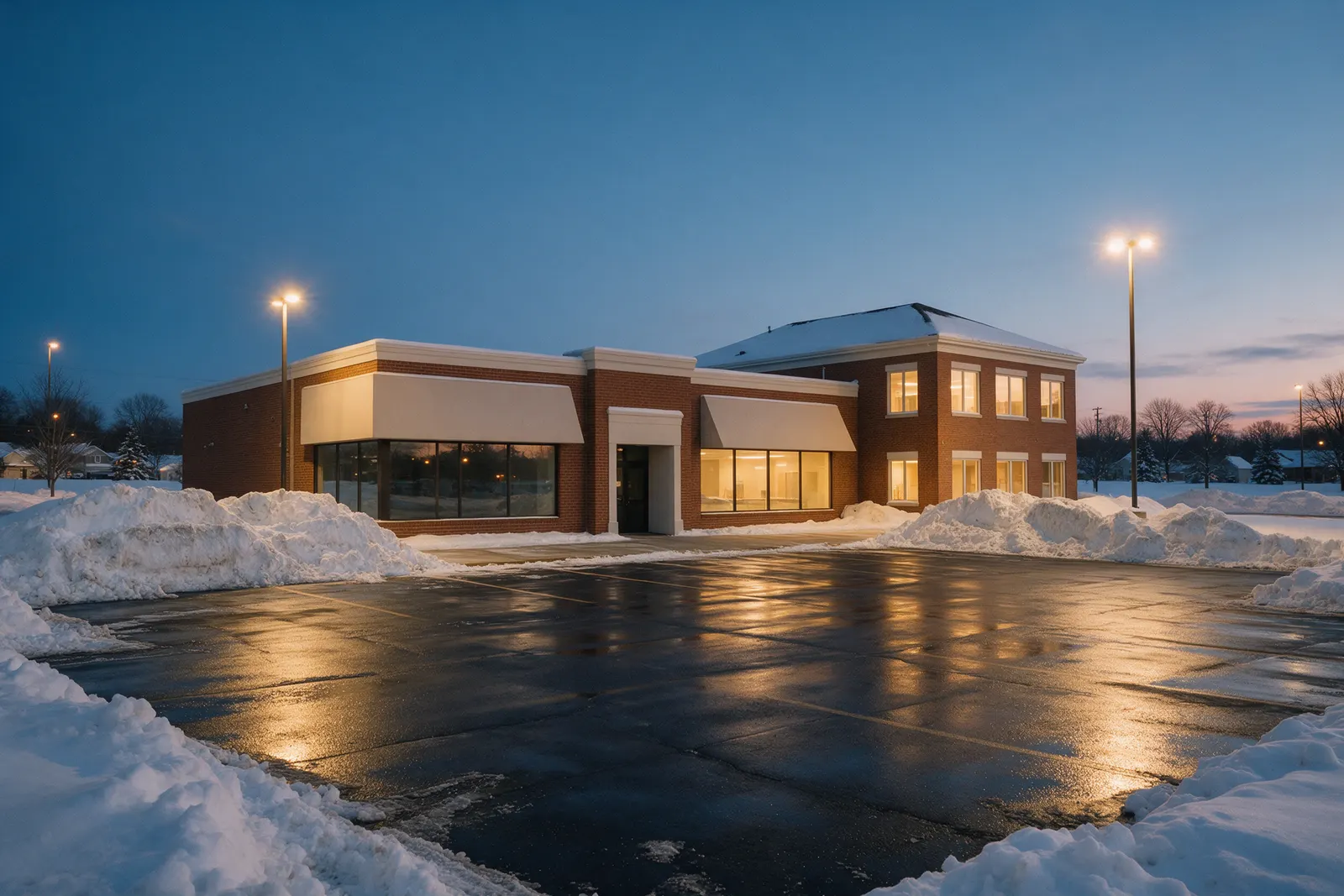 A cleared, wet salted parking lot with big snowpiles at the edges in front of a plain red-brick retail and office building at dusk, with lot lights glowing and no signs