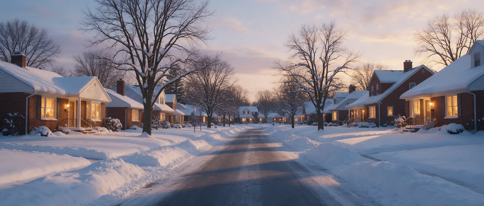 A quiet snowy street of brick homes at dusk with lit windows, bare trees, snowbanks and a clear plowed road under a soft pink and blue sky