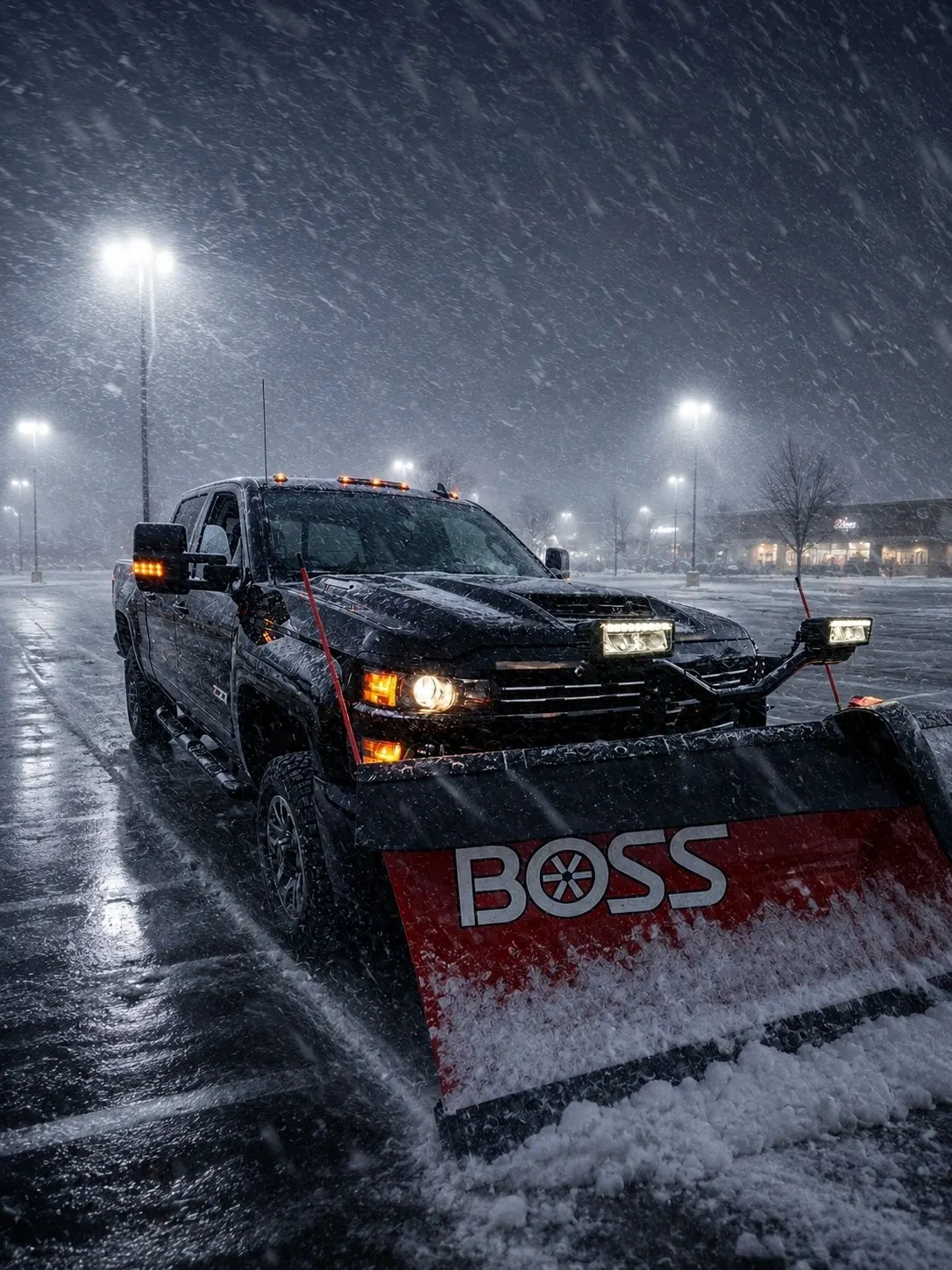 A black pickup truck with a BOSS plow blade pushing snow through a lit parking lot during a night snowfall