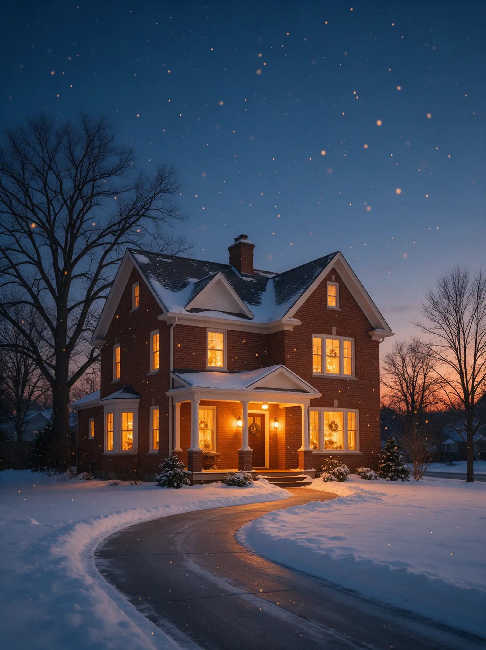 A snow-dusted red-brick two-storey home at dusk with warm glowing windows, a curving plowed driveway leading in, light snow falling and bare trees against a deep blue sky