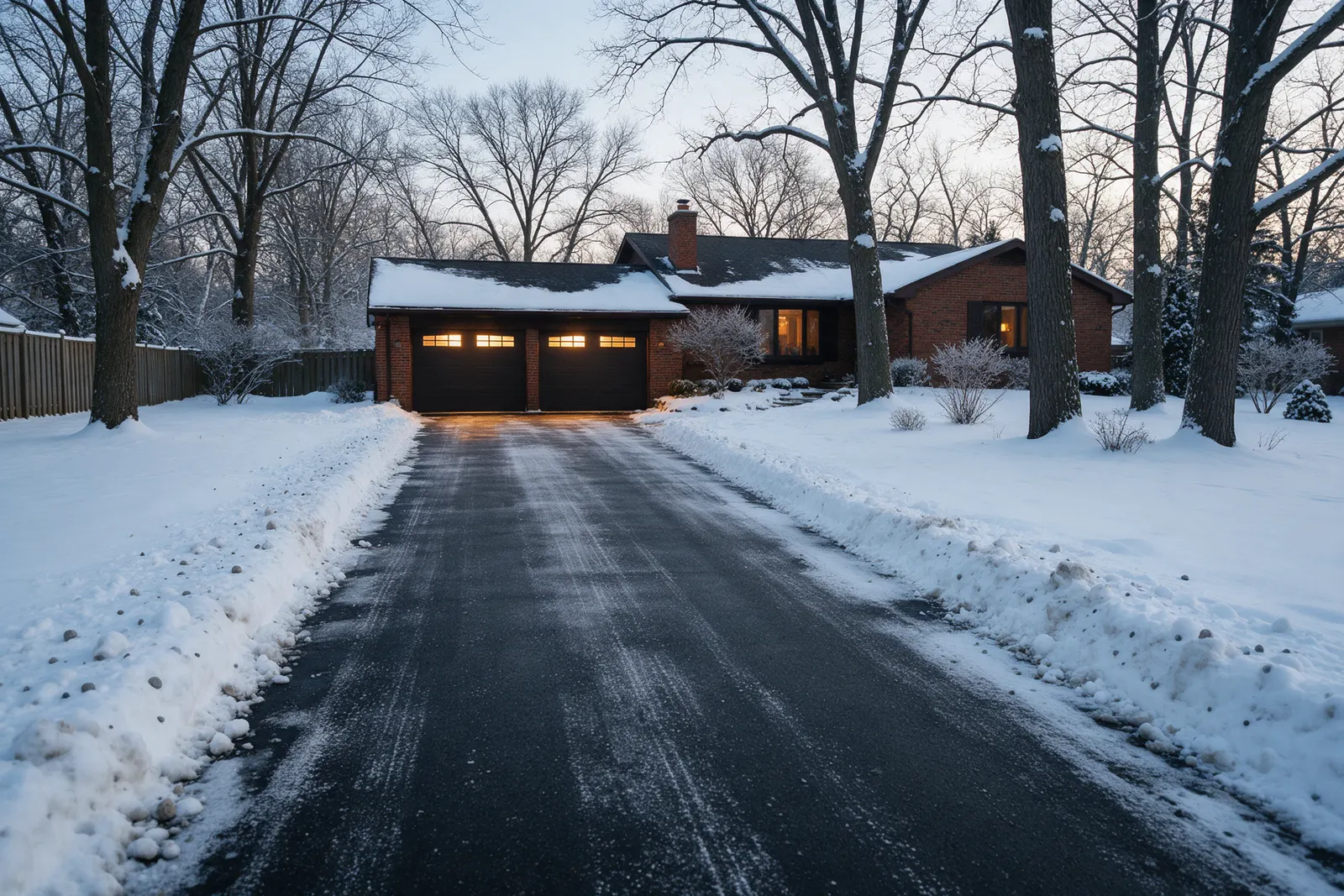 A freshly plowed driveway with tidy snowbanks leading to a two-car garage with its lights on, in front of a red-brick home and bare trees at dawn