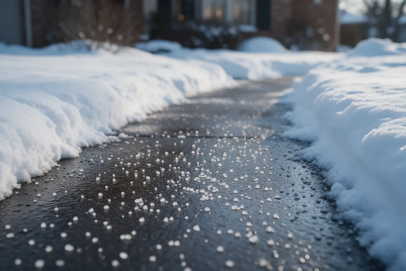 Close-up of a cleared dark walkway scattered with rock salt crystals, with snow banked on both sides and a blurred brick house behind