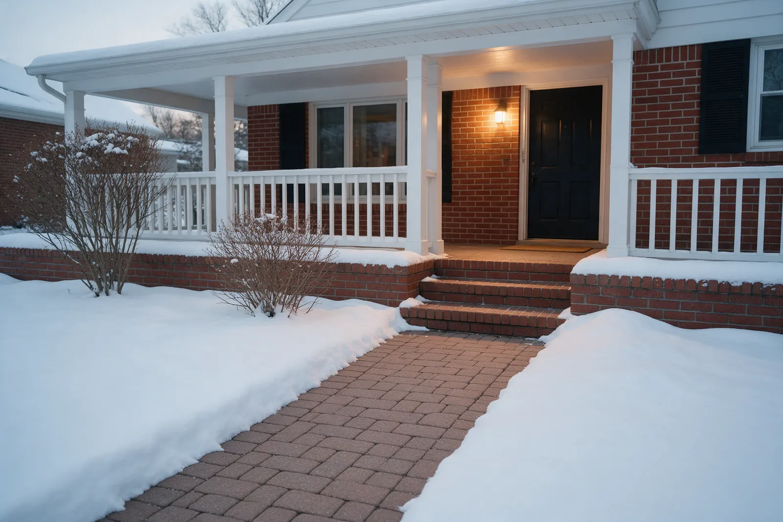 A cleared brick-paver front walk and brick steps edged with snow, leading to a brick porch with a lit lamp and a black front door