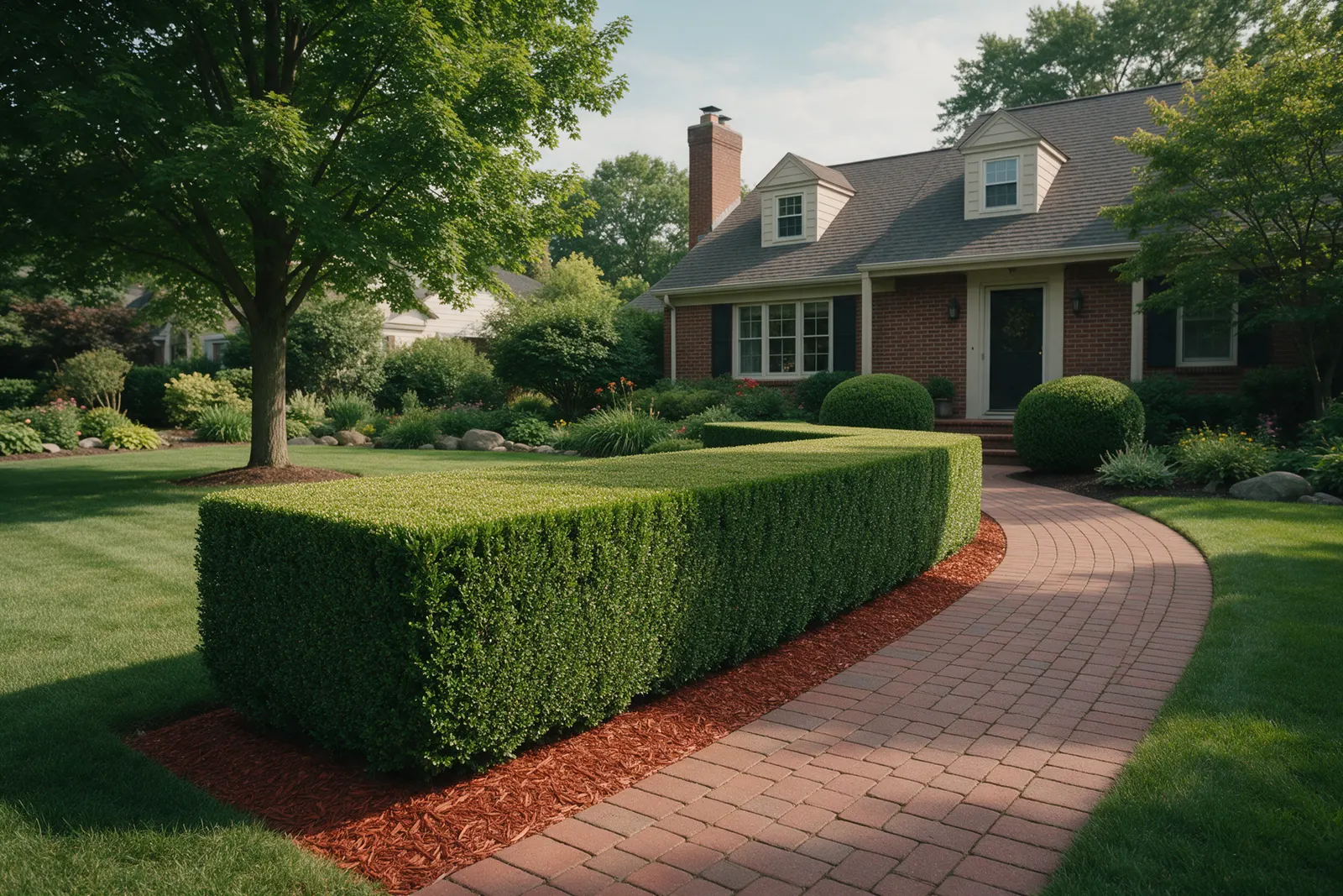 A crisply sheared boxwood hedge with a flat top and square sides beside a curving red-brick paver walkway, with clipped globe boxwoods and red-brown mulch in front of a brick home with dormers
