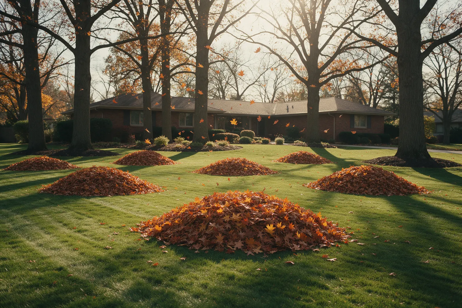 Several tidy piles of raked oak leaves on a mown lawn under tall, half-bare oaks in front of a brick ranch home, with a few leaves still drifting down