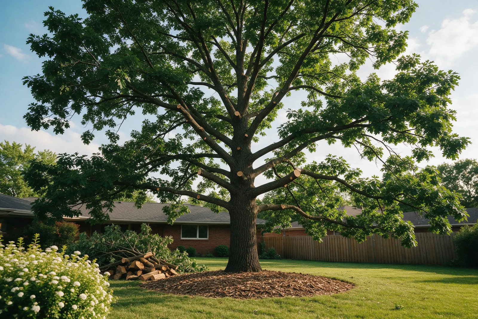A mature oak with clean pruning cuts on its limbs, a neat stack of cut logs and brush, a wood-chip ring at its base and a flowering shrub, in front of a brick ranch home and fence