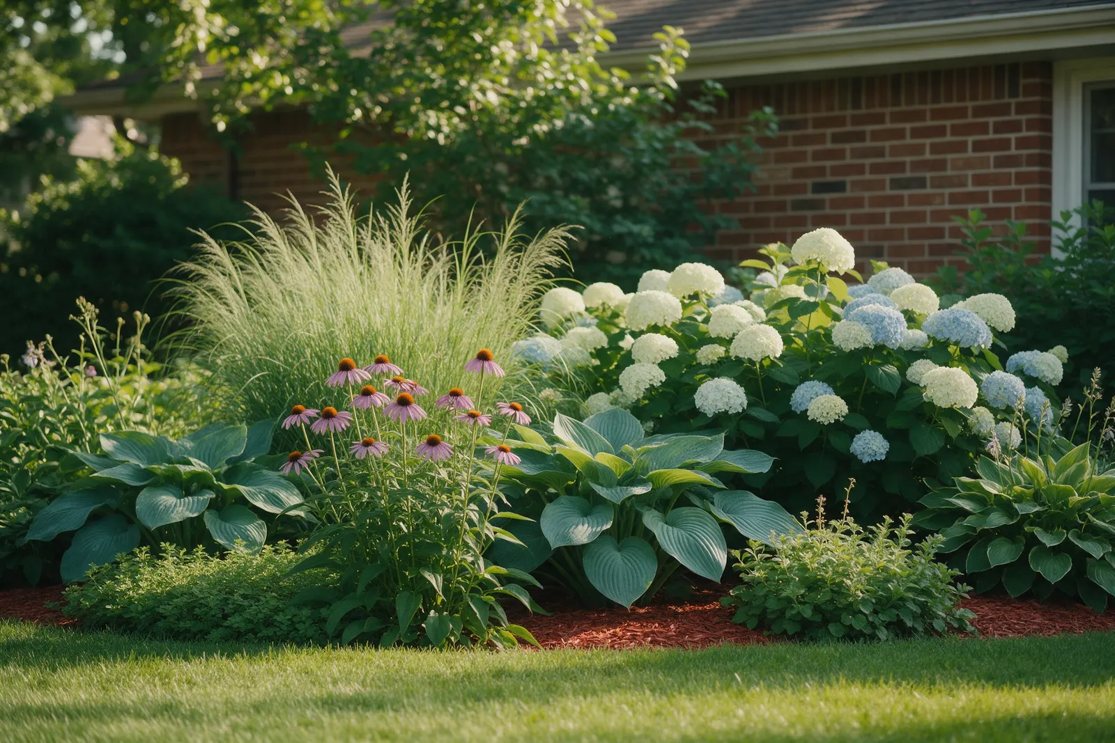 A layered perennial bed of purple coneflowers, hostas, a tall ornamental grass and white and blue hydrangeas against a brick wall